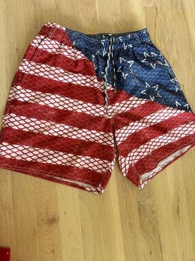 AFTCO Red, White & Blue American Flag Swim Board Shorts